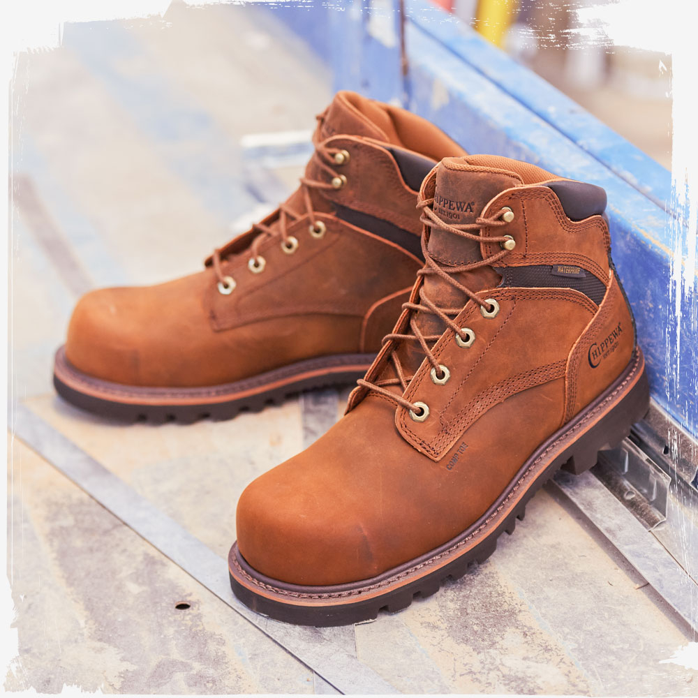 The Sador 6" Waterproof Comp Toe in Heavy Duty Tan on a concrete floor.