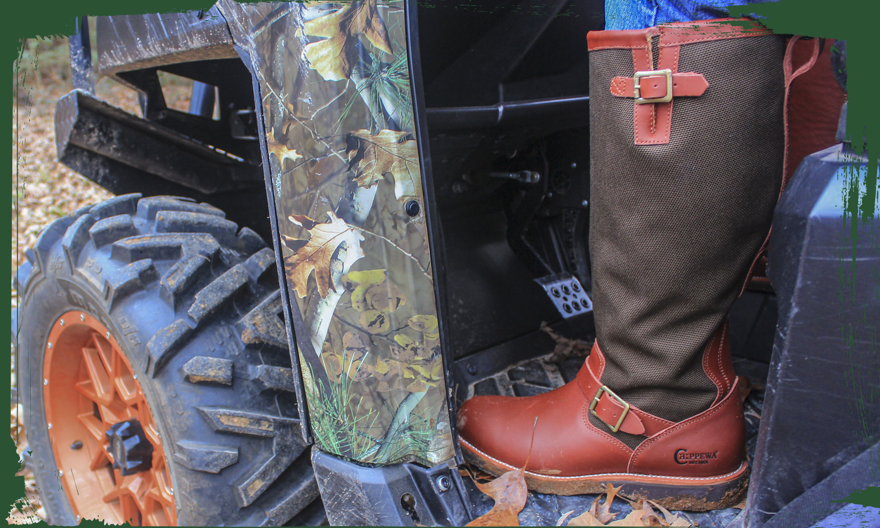 A man wearing the Descaro 17" Snake Boot in Oro Russett (Brown) while sitting in an ATV.
