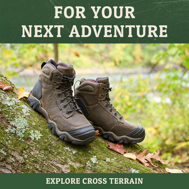 For your next adventure. Explore cross terrain. A pair of Cross Terrain 6" Waterproof Insulated Nano Comp Toe Hiker in brown propped on a log.