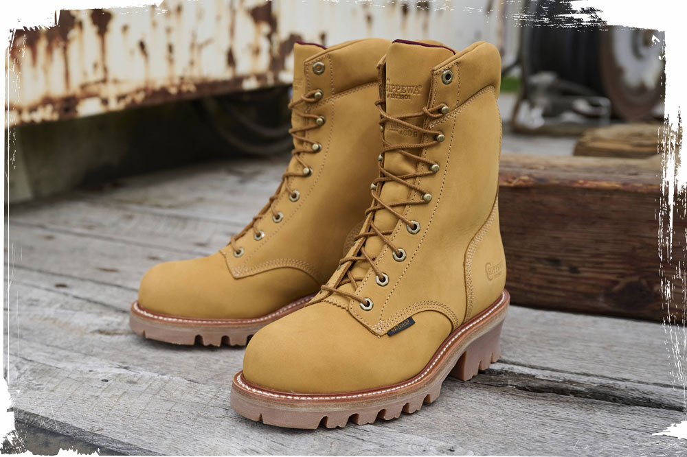 The Chippewa Super Dna 9" Waterproof Insulated Steel Toe in wheat tan on the bed of a truck.