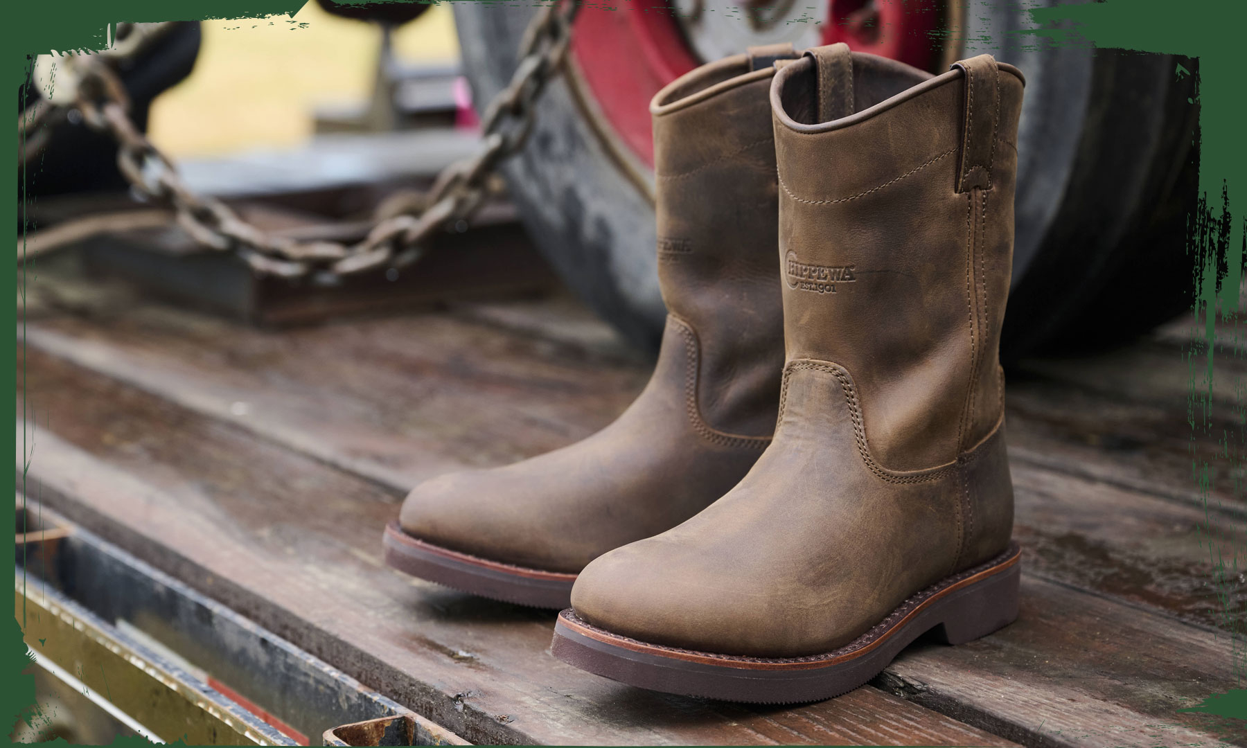 The Classic 2.0 10" Pull On Boots in Chocolate Apache (brown) on the bed of a truck.