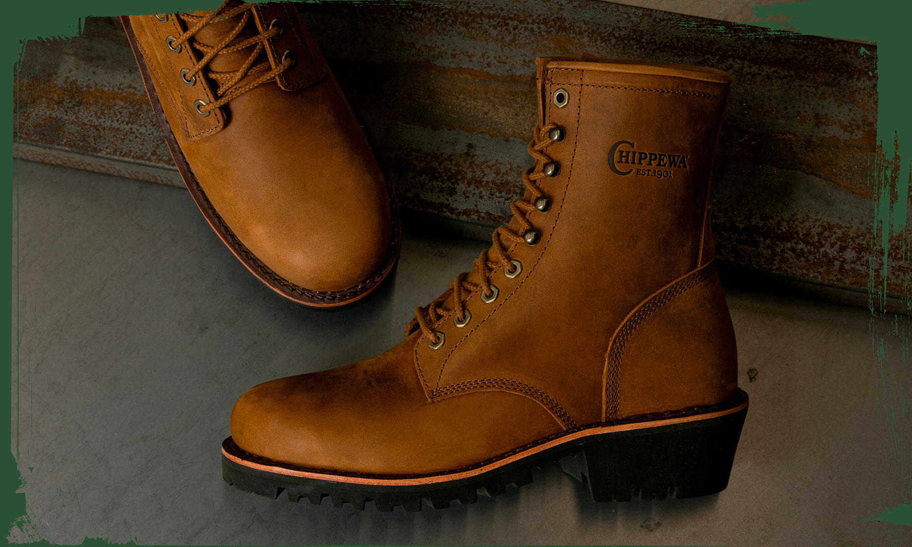 The Classic 2.0 8" Bourbon Brown Steel Toe Logger Limited Edition in Bourbon Brown next to a steel beam.