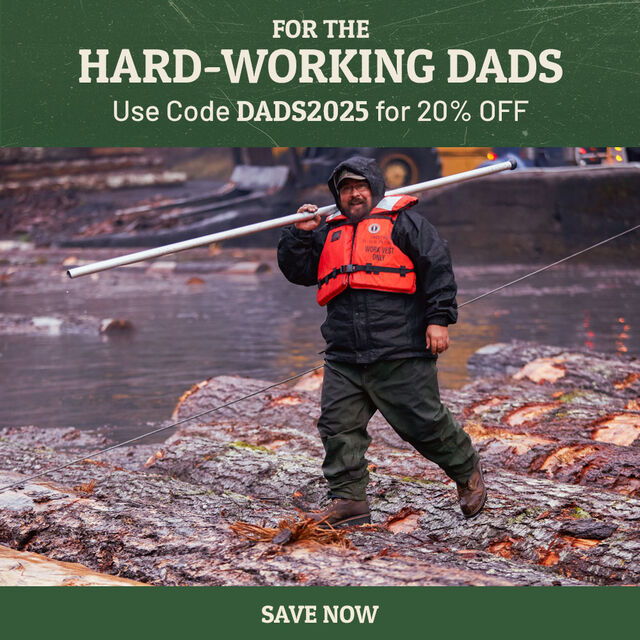 For the hard-working dads use code DADS2025 for 20% off. Save now. Logger wearing Chippewa logging boots in brown.