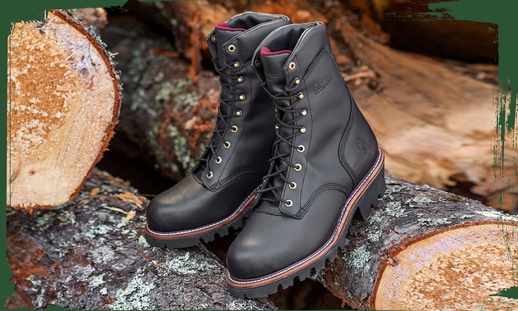 The Super Dna 9" Waterproof Steel Toe Insulated Logger in black sitting on a log.