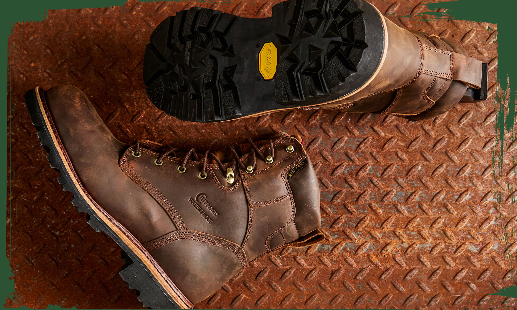 The Super Dna 8" Waterproof Steel Toe Insulated work boot in Bay Apache (brown) on a sheet of metal.