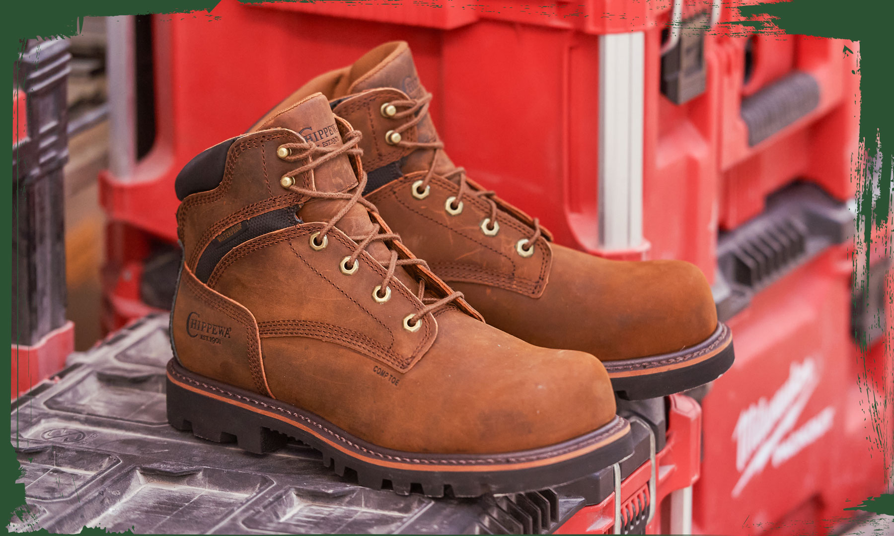 Thunderstruck 6" Waterproof Nano Comp Toe boots in Blonde sitting on a tool chest.