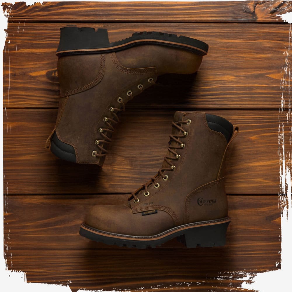 The Valdor 8" Waterproof Comp Toe Insulated Logger in Buff Crazy Horse (brown) on a wood floor.