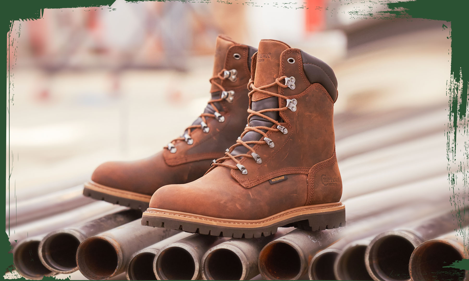 The Birkhead 8" Waterproof Insulated in tough bark brown on a pile of pipes.