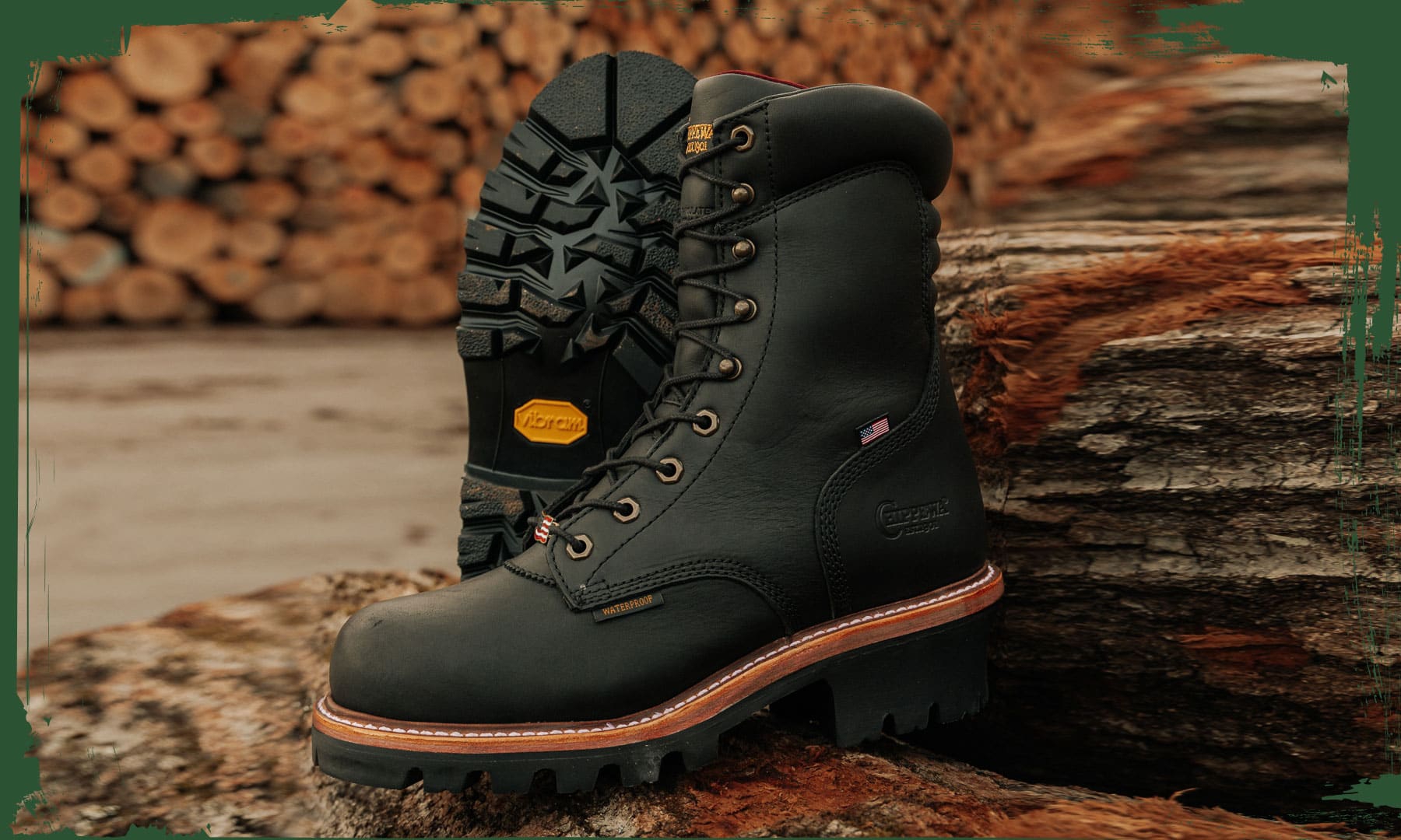 The Super Logger 9" Waterproof Insulated Steel Toe Boots in black leaning against a log.