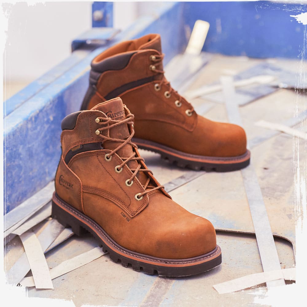 The Sador 6" Waterproof Comp Toe in Heavy Duty Tan on a job site.