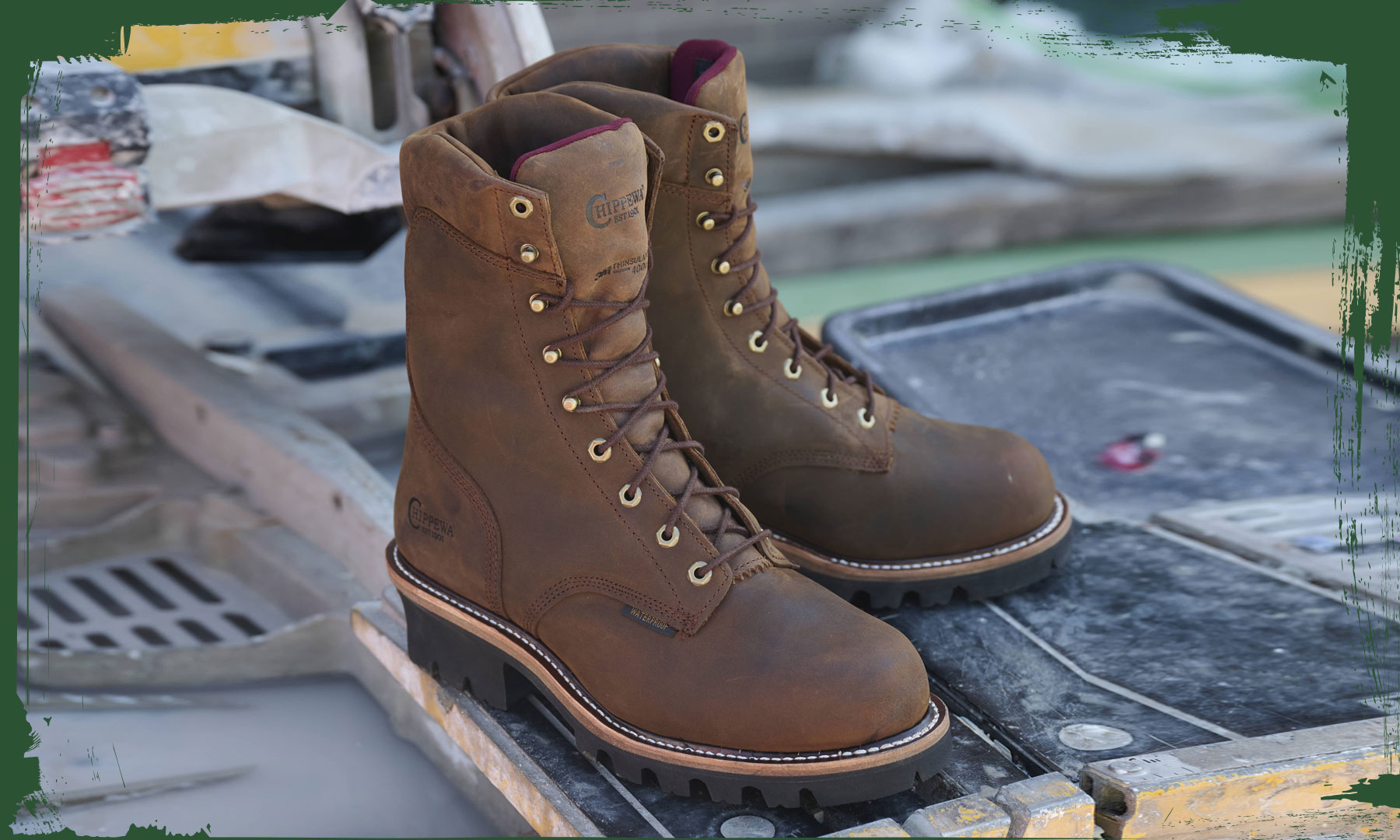 The Super Dna 9" Waterproof Insulated Steel Toe Logger in bay apache (brown) on a table saw.