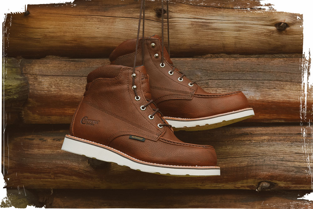 The Edge Walker 6" Waterproof Lace Up Wedge moc toe boot in Briar Haystack (brown).
