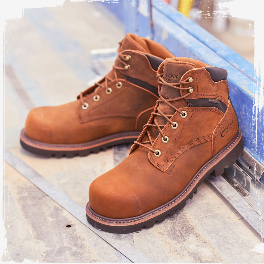 The Sador 6" Waterproof Comp Toe in Heavy Duty Tan on a job site.