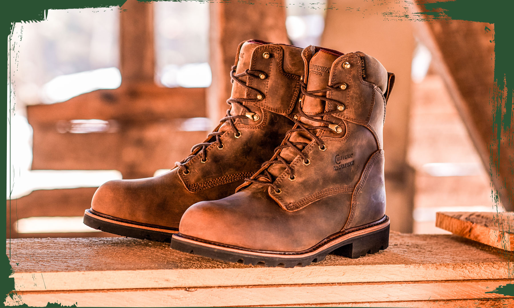 The Super DNA 8" Waterproof Steel Toe Insulated in bay apache (brown) on a stack of wood.