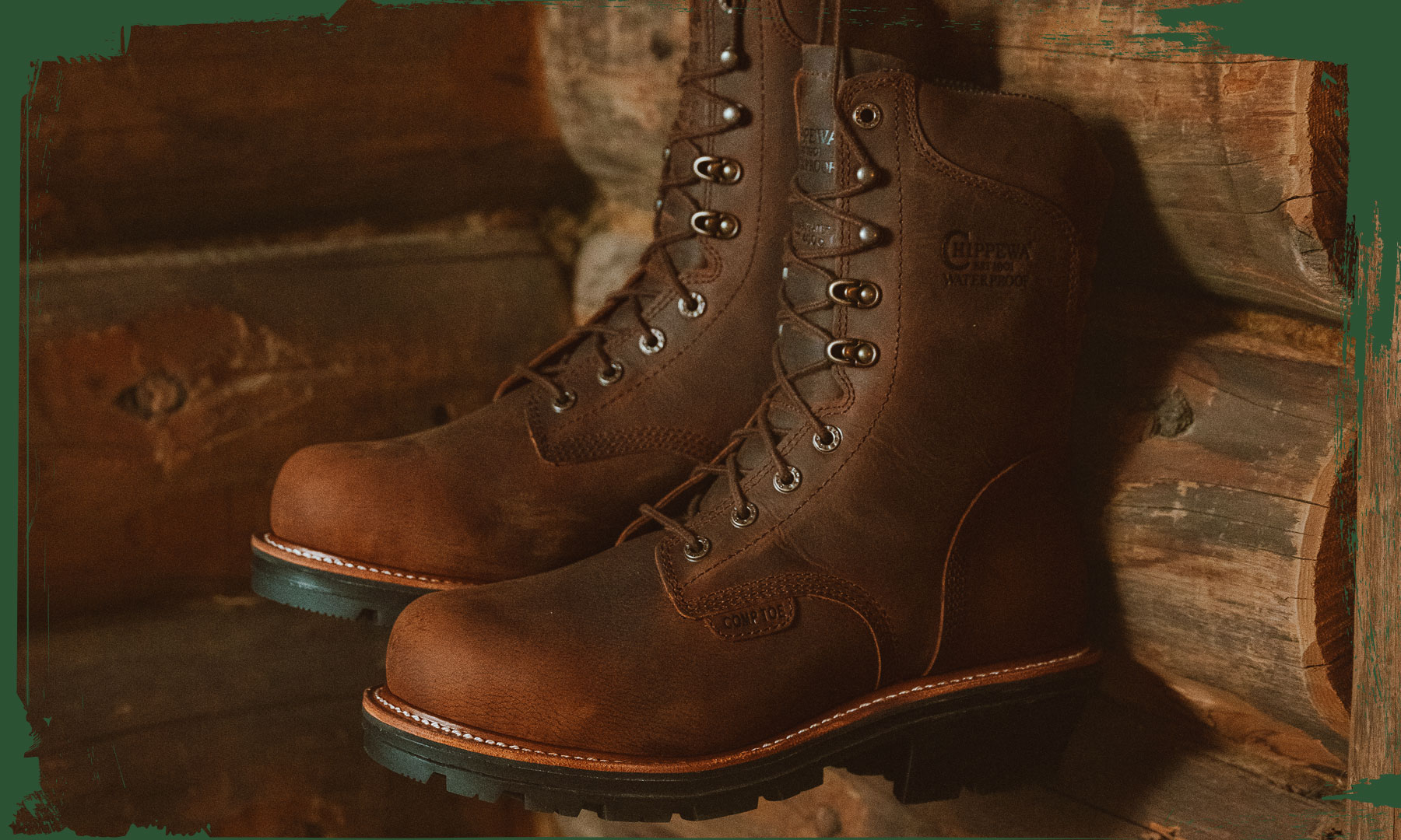 The Thunderstruck 9" Waterproof Insulated Nano Comp Toe Logger in Walnut (brown) hanging in a cabin.