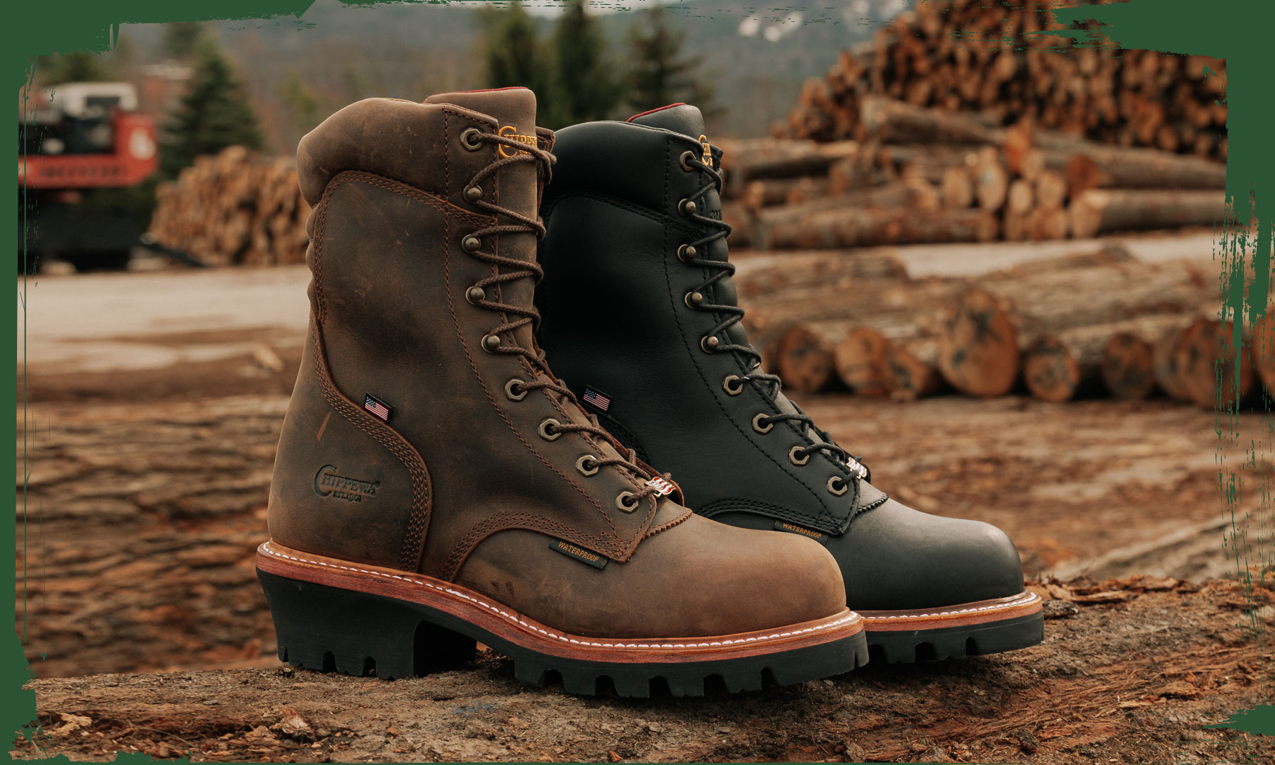 The Super Logger 9" Waterproof Insulated Steel Toe in Black and Super Logger 9" Waterproof Insulated Steel Toe in Aged Bark (brown) on a logging ste.