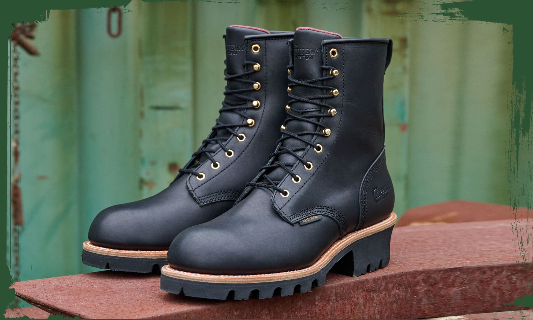 The Paladin 8" Waterproof Insulated Steel Toe Logger in Black in front of a green wall.