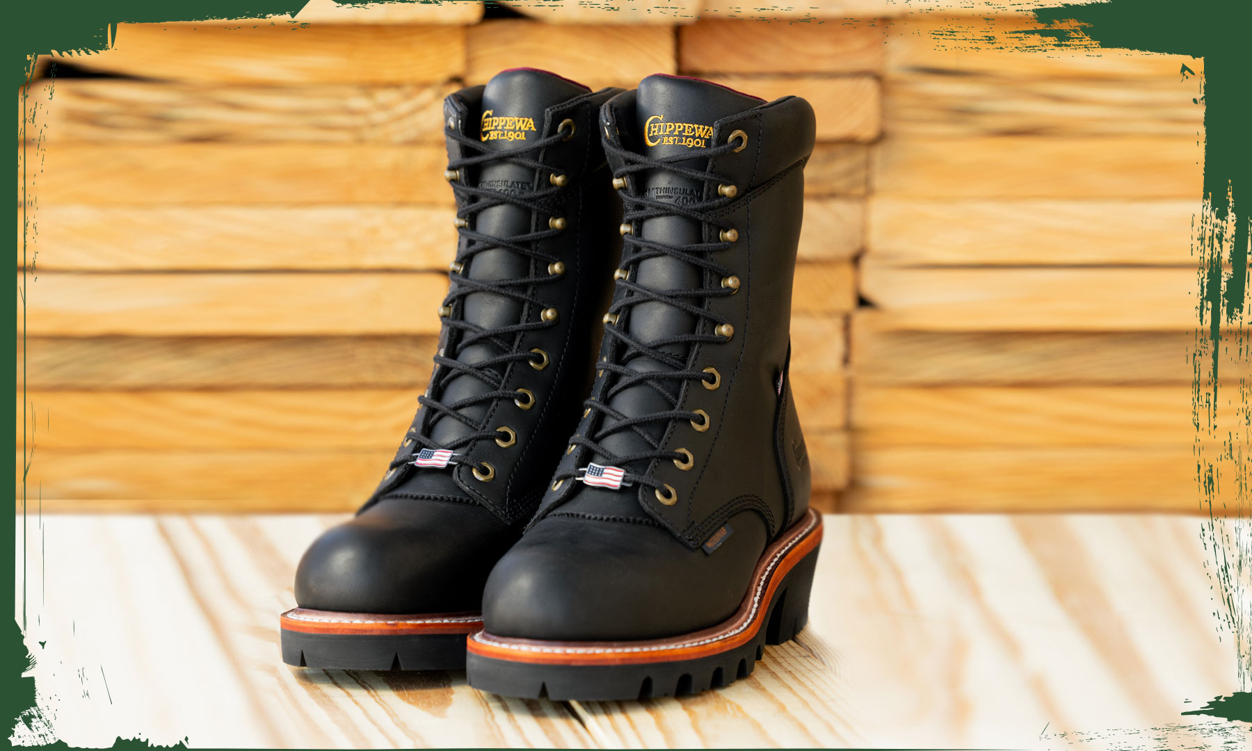 The Super Logger 9" Waterproof Insulated Steel Toe in Black in front of a pile of wood.