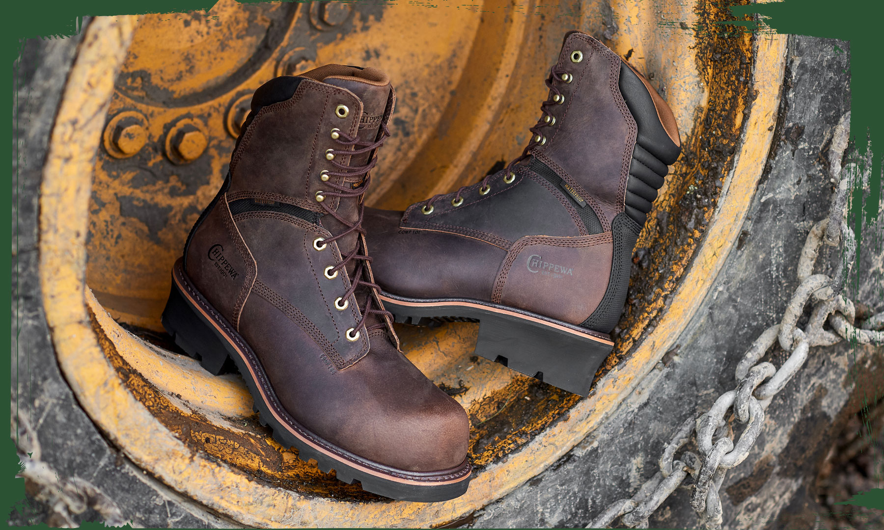 The Sador 9" Waterproof Insulated Comp Toe Logger in Buff Crazy Horse Brown sitting in a the tire of a tractor.
