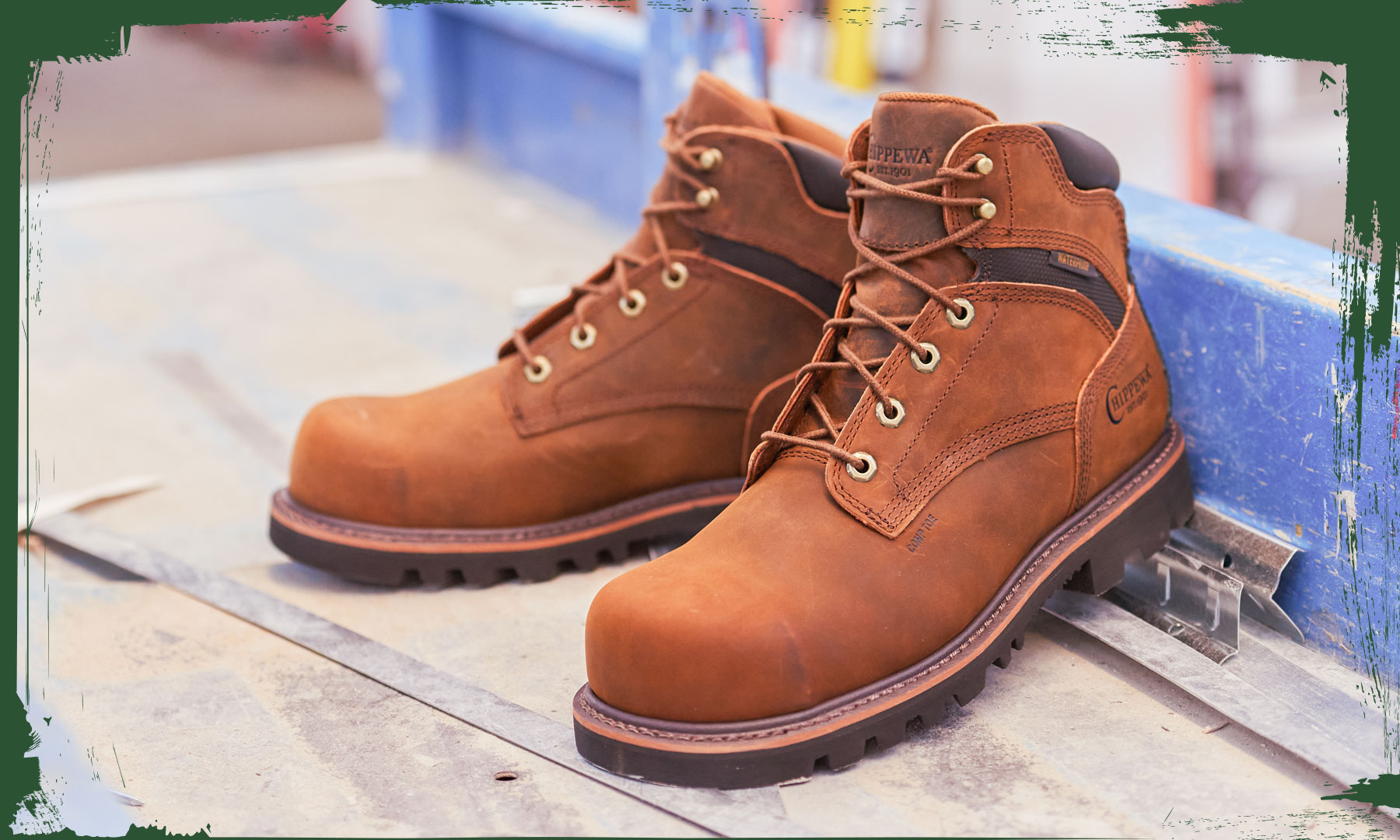 The Sador 6" Waterproof Comp Toe in heavy duty tan on a table saw.