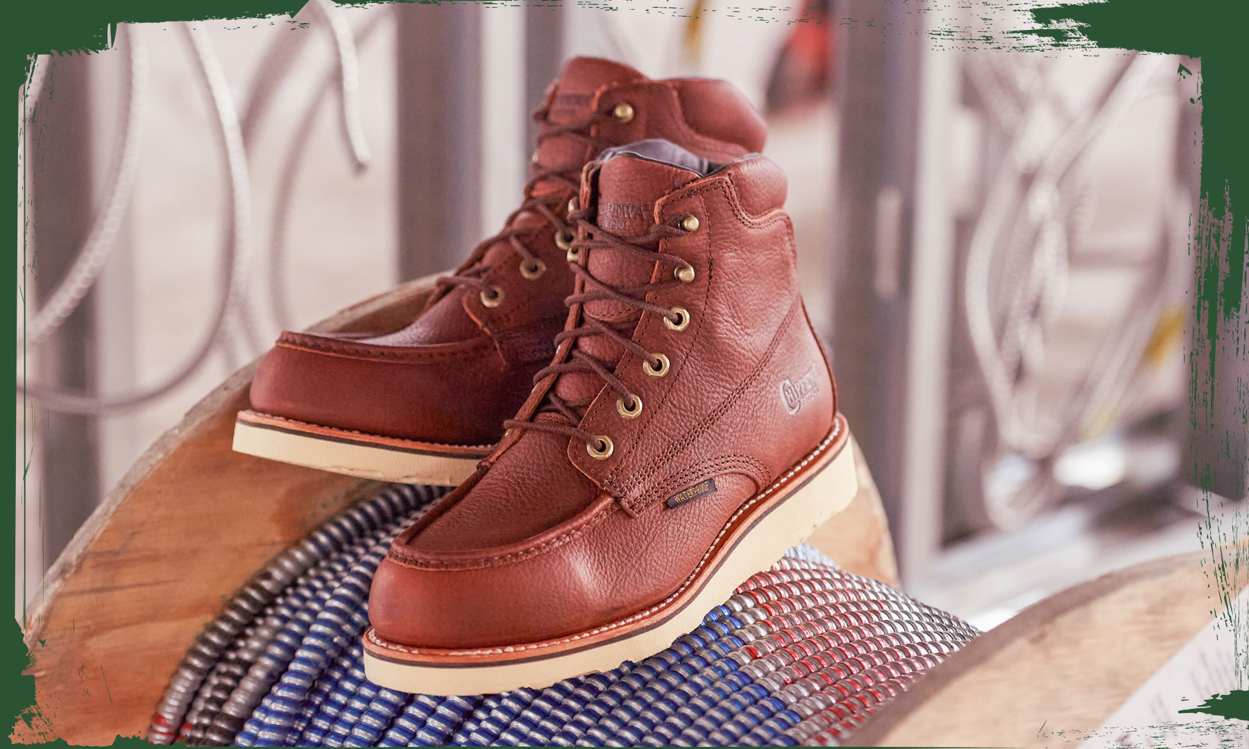 The Edge Walker 6" Waterproof Lace Up Wedge in Briar Haystack (brown) on spool of wire.