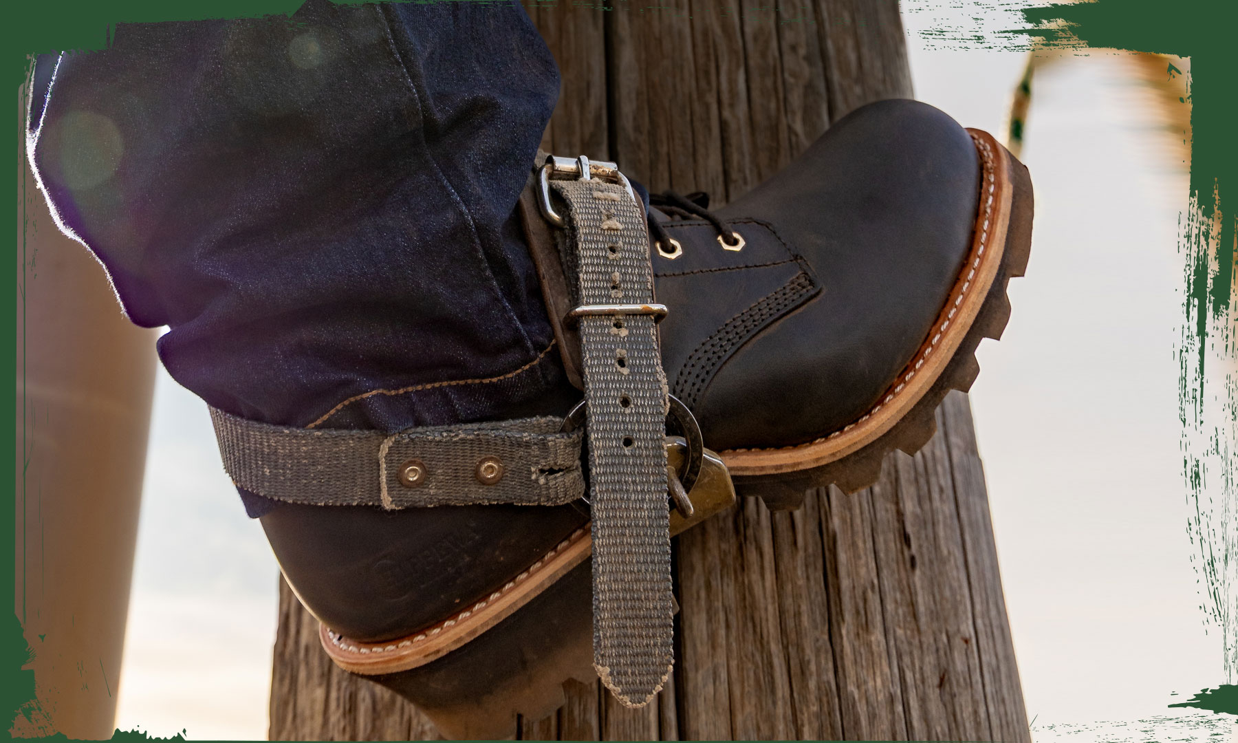 A man wearing the Baldor 8" Steel Toe Logger in Black Oiled while climbing a pole.