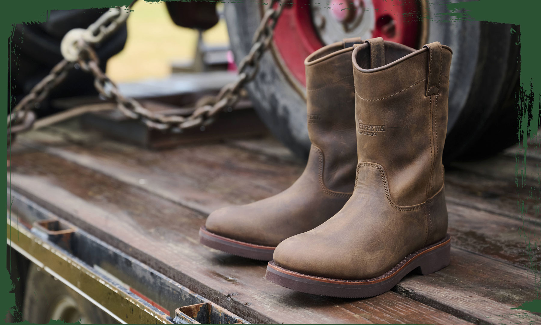 The Classic 2.0 10" Pull On in chocolate apache (brown) sitting on the bed of a truck.