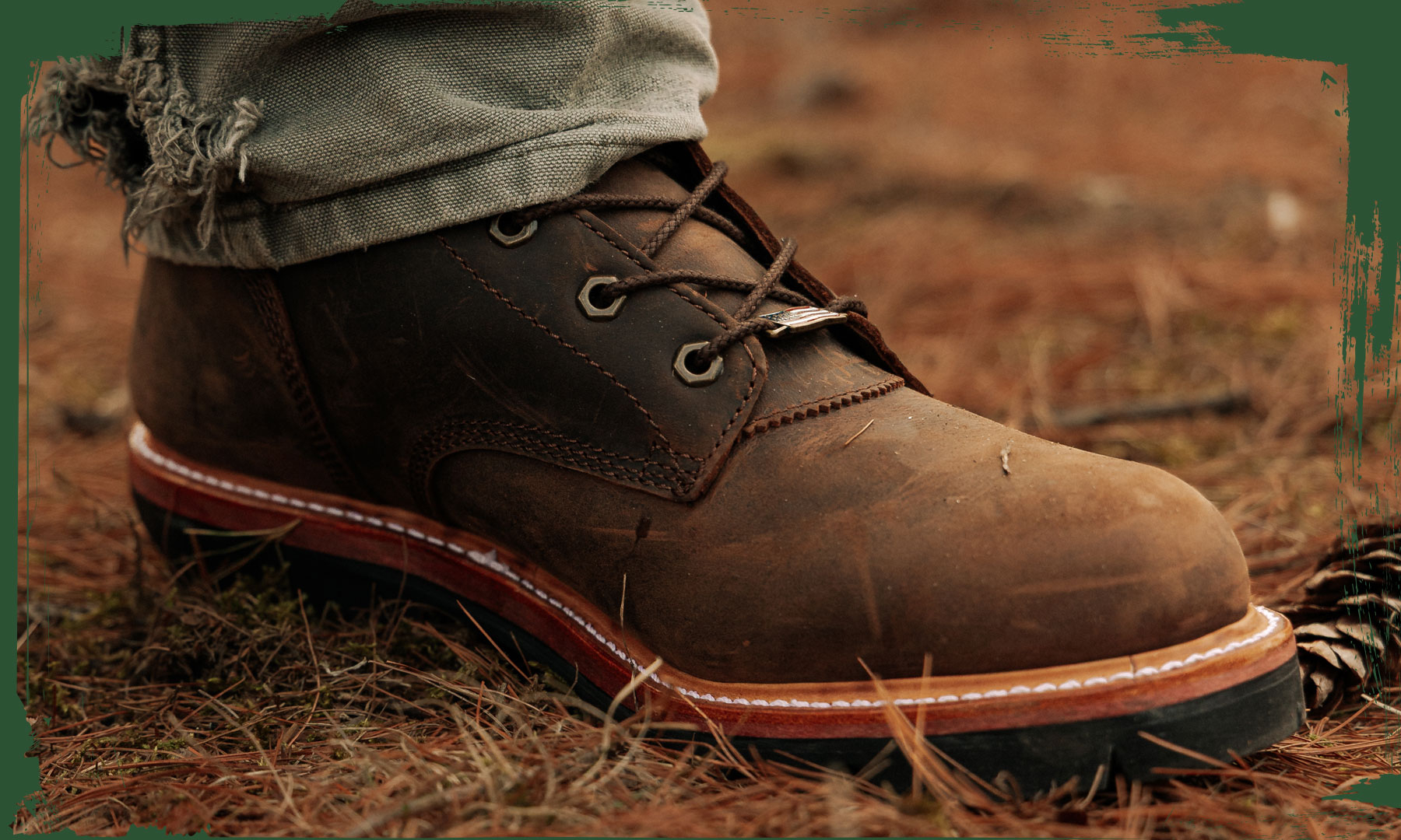 A man wearing the Super Logger 9" Waterproof Insulated Steel Toe in Aged Bark (brown).