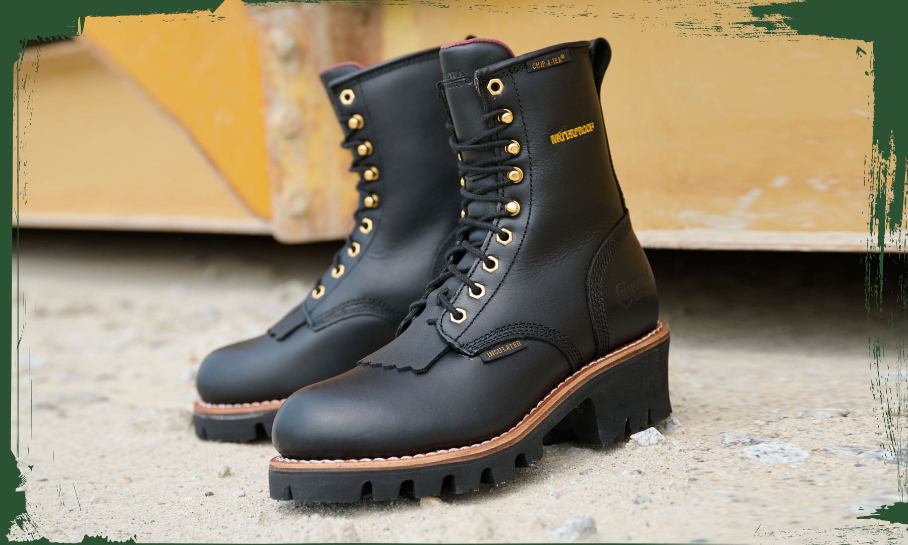 The Tinsley 8" Women's Waterproof Insulated Steel Toe in black oiled in front of a tractor.