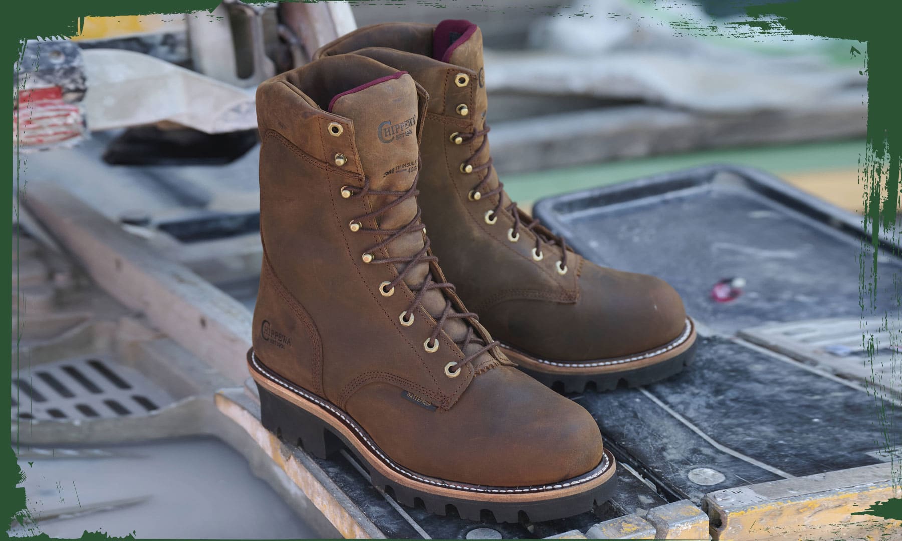 The Super Dna 9" Waterproof Steel Toe Insulated Logger in Bay Apache (brown) on a job site.