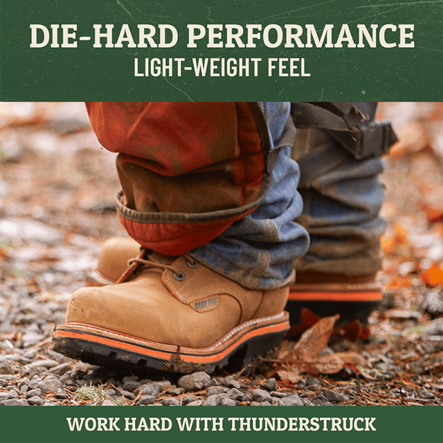 Die-Hard Performance. Light-Weight Feel. Work Hard With Thunderstruck. Man Wearing Thunderstruck 10” Waterproof Nano Comp Toe Standing On Leaves.