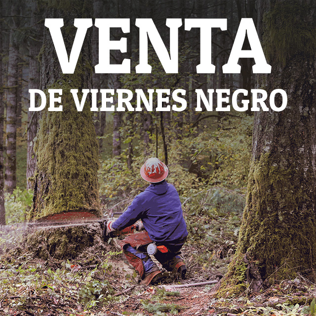 Venta de viernes negro. Hombre cortando un árbol.