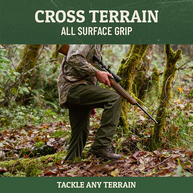 Cross Terrain. All Surface Grip. Tackle Any Terrain. A man in the forest wearing work boots, hiking over leaves. Cross Terrain 8” Waterproof insulated nano comp toe hiker. Shop Cross Terrain Boots