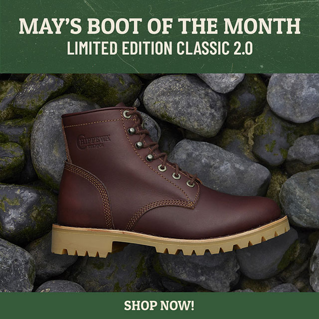 May’s Boot of The Month. Limited Edition Classic 2.0. Shop Now! A Classic 2.0 6” British Brown Limited Edition boot laying on rocks. Shop Limited Edition.