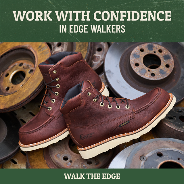 Work With Confidence In Edge Walkers. Walk The Edge. A Pair of the Edgewalker Waterproof 6” Lace-Up boots in Briar sitting on hubcaps. 